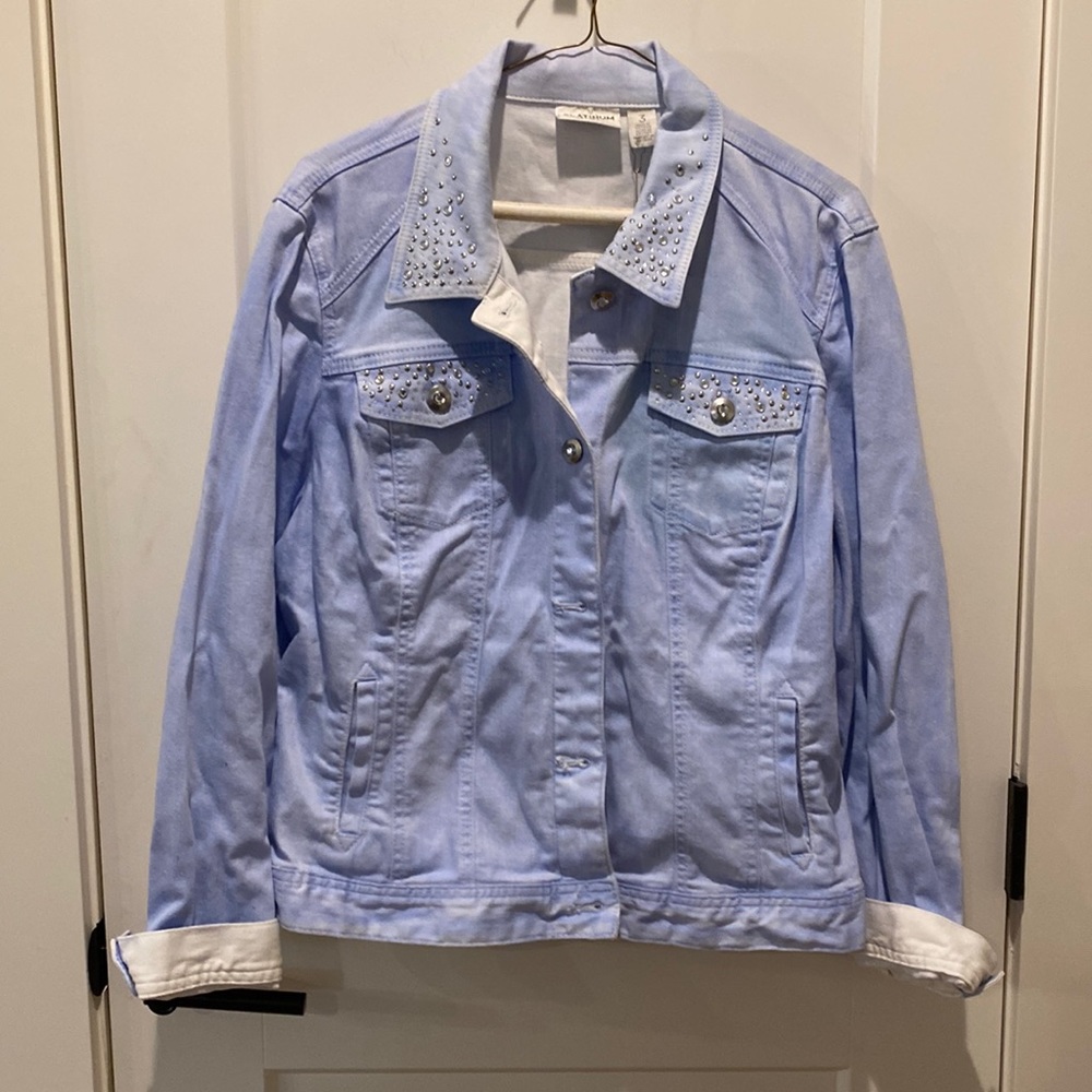 Chico’s platinum Light Colored Denim Jacket with w/Bling